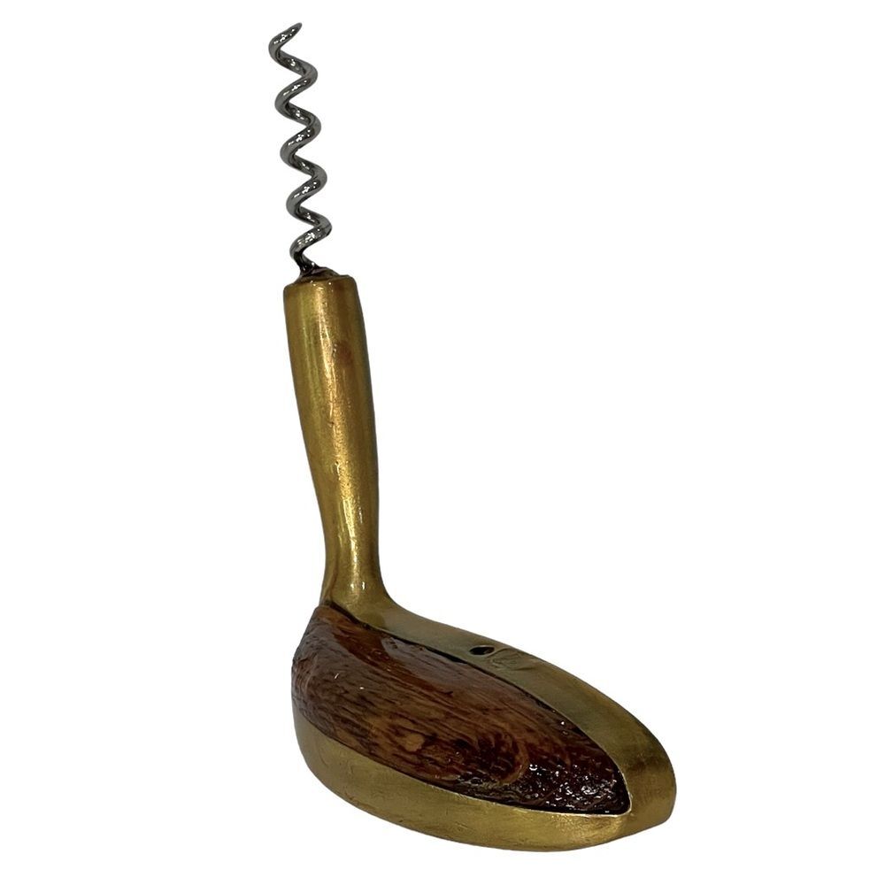 Unique Brass Golf Putter Wine Corkscrew Wood Barware Mancave Rustic Golfer Gift